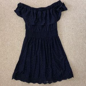 Strapless navy blue eyelet dress